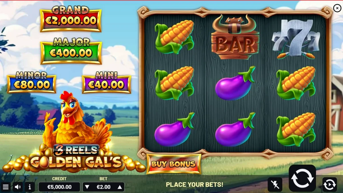 Tampilan antarmuka slot Golden Gal’s 3 Reels dengan tema peternakan yang ceria