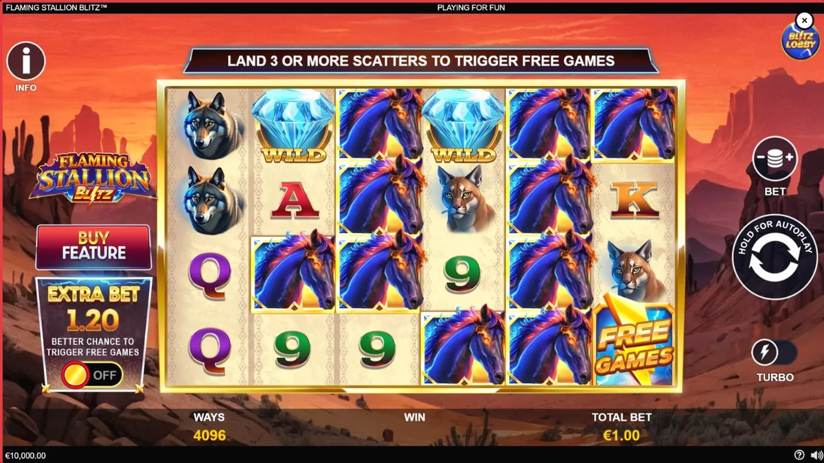 Pemandangan gurun yang membara dengan simbol kuda jantan biru yang menyala di Flaming Stallion Blitz