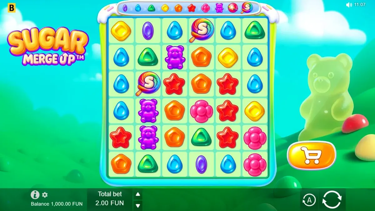Sugar Merge Up slot game interface with candy theme