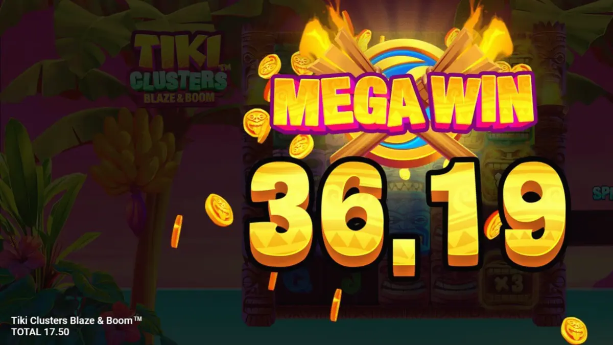 Tampilan visual slot Tiki Clusters Blaze & Boom dengan latar belakang pulau tropis dan simbol Tiki.
